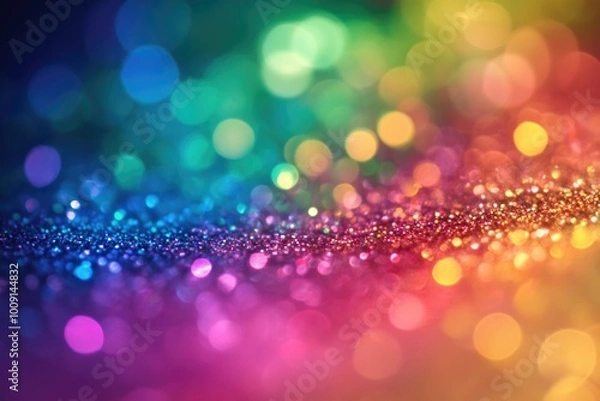 Fototapeta Sparkling rainbow colored festive glitter background with bokeh lights