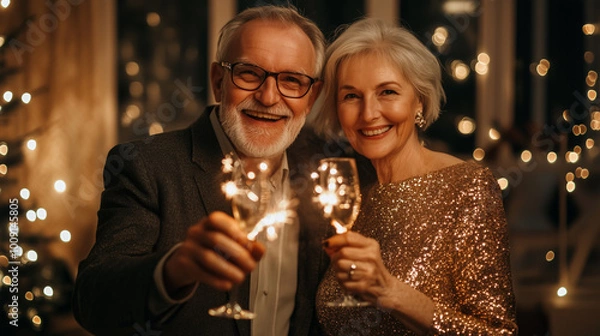 Fototapeta Joyful Couple Toasting With Sparkling Glasses at a Cozy New Year's Eve Celebration Surrounded by Festive Decorations
