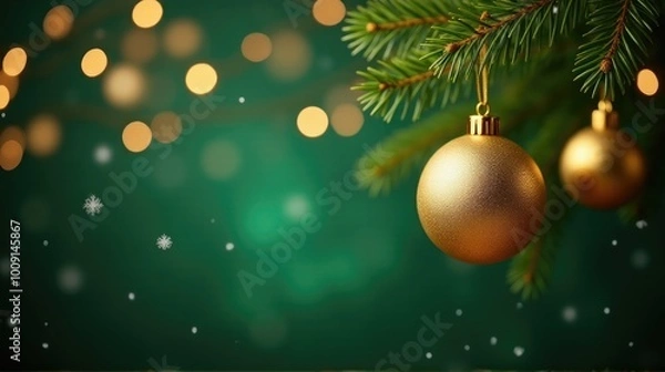 Obraz Christmas or New Year golden balls toys on fir branches on green festive background with lights bokeh with copy space