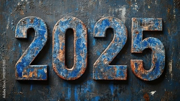 Fototapeta Heavily weathered metallic 2025 numbers with blue paint, displayed against a dark textured background, representing the coming year