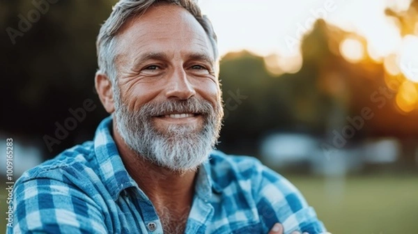 Fototapeta A close-up of a man with a graying beard in a plaid shirt, smiling warmly outdoors during the golden hour, depicting a sense of peace and contentment.