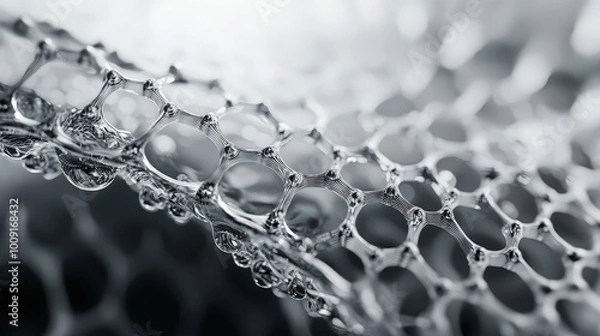 Fototapeta Close up of graphene membrane showcasing its intricate structure and water droplets. This highlights unique properties of graphene in filtering applications, emphasizing its potential in advanced