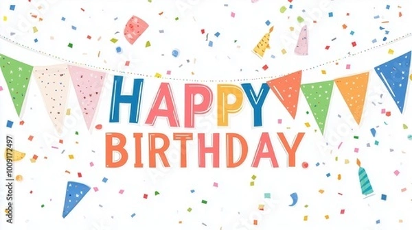 Fototapeta Happy Birthday Banner with Confetti: Colorful and festive, this digital illustration features a cheerful "Happy Birthday" banner strung with flags, adorned with confetti.