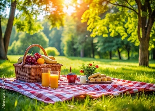 Fototapeta Cozy picnic setup in a lush green park with a checkered blanket, fruits, and refreshing beverages