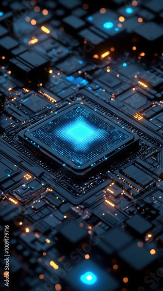 Obraz close up view of futuristic microchip surrounded by intricate circuitry, glowing with blue and orange lights, showcasing advanced technology and innovation