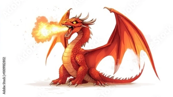 Fototapeta A cartoon red dragon with a fiery breath isolated on a white background.