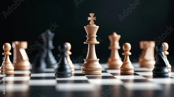 Fototapeta Chess pieces on a board, dark background