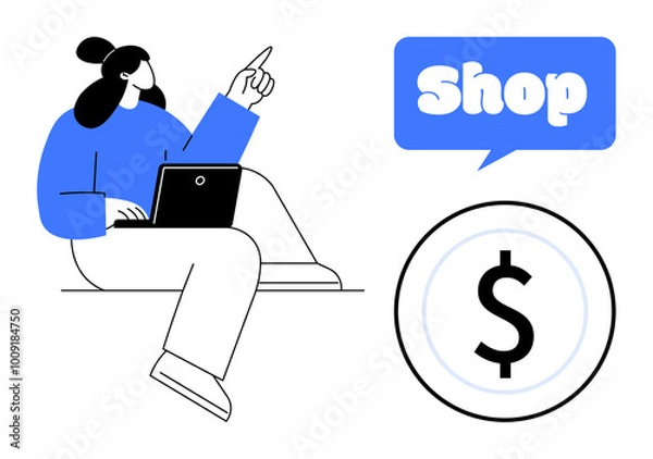 Fototapeta Woman using a laptop sits with a speech bubble saying Shop. A dollar sign is next to her. Ideal for online shopping e-commerce digital marketing financial transactions and online business. Simple