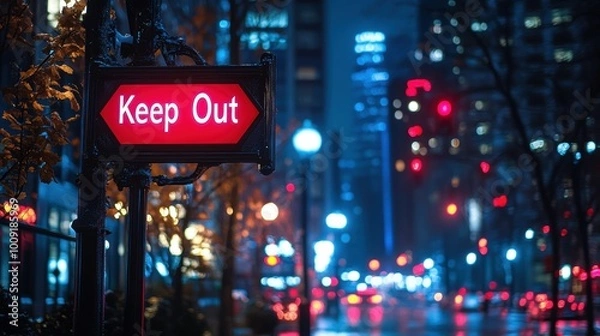 Fototapeta A bustling nighttime city street with a prominent Keep Out sign illuminated in red, surrounded by blurred lights and urban architectural structures