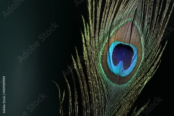 Obraz Beautiful peacock feather on dark background, closeup. Space for text