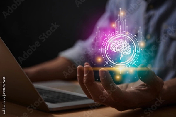 Fototapeta Magenta Turquoise Ai Technology or Artificial Intelligence Brain Concept. Brain and Circuit Line and HUD Ai Artificial Intelligence Icon on Businessman's Hand With Laptop Computer