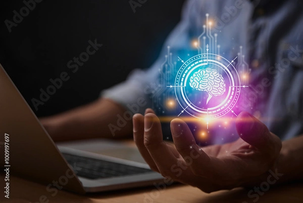 Fototapeta Blue Magenta Ai Technology or Artificial Intelligence Brain Concept. Brain and Circuit Line and HUD Ai Artificial Intelligence Icon on Businessman's Hand With Laptop Computer