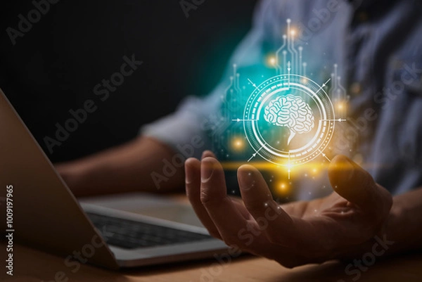 Fototapeta Turquoise Yellow Ai Technology or Artificial Intelligence Brain Concept. Brain and Circuit Line and HUD Ai Artificial Intelligence Icon on Businessman's Hand With Laptop Computer
