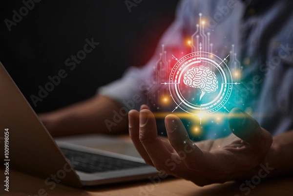 Fototapeta Red Turquoise Ai Technology or Artificial Intelligence Brain Concept. Brain and Circuit Line and HUD Ai Artificial Intelligence Icon on Businessman's Hand With Laptop Computer