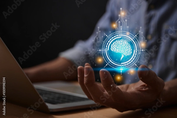 Fototapeta Blue Ai Technology or Artificial Intelligence Brain Concept. Brain and Circuit Line and HUD Ai Artificial Intelligence Icon on Businessman's Hand With Laptop Computer