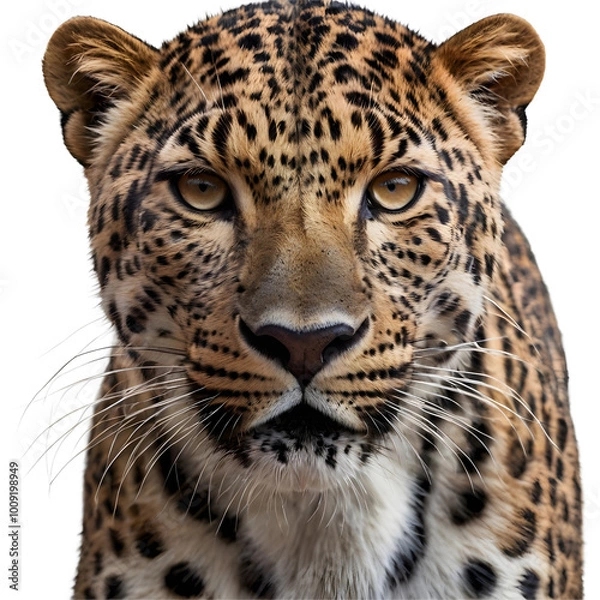 Fototapeta portrait of a leopard close-up front view isolated on white, transparent background png 