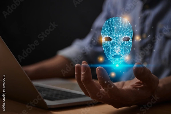Fototapeta Ai Technology or Artificial Intelligence Robot Face Concept. Ai Artificial Intelligence Robot Face Icon on Businessman's Hand work With Laptop Computer