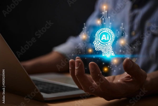 Fototapeta Blue Ai Artificial Intelligence Technology Hud Head Concept. Hud and Circuit Line Ai Artificial Intelligence Icon on Businessman's Hand work With Laptop Computer