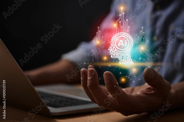 Fototapeta Red Turquoise Ai Artificial Intelligence Technology Hud Head Concept. Hud and Circuit Line Ai Artificial Intelligence Icon on Businessman's Hand work With Laptop Computer