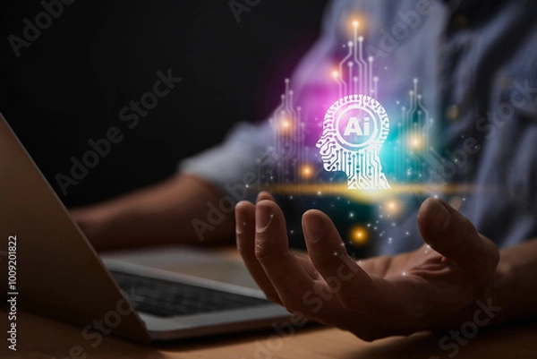 Fototapeta Magenta Turquoise Ai Artificial Intelligence Technology Hud Head Concept. Hud and Circuit Line Ai Artificial Intelligence Icon on Businessman's Hand work With Laptop Computer
