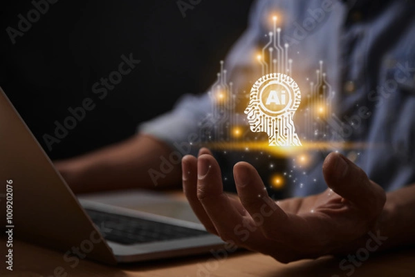 Fototapeta Yellow Ai Artificial Intelligence Technology Hud Head Concept. Hud and Circuit Line Ai Artificial Intelligence Icon on Businessman's Hand work With Laptop Computer