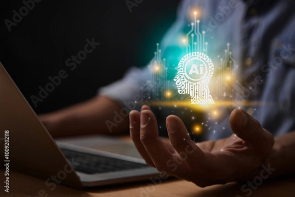 Fototapeta Turquoise Yellow Ai Artificial Intelligence Technology Hud Head Concept. Hud and Circuit Line Ai Artificial Intelligence Icon on Businessman's Hand work With Laptop Computer