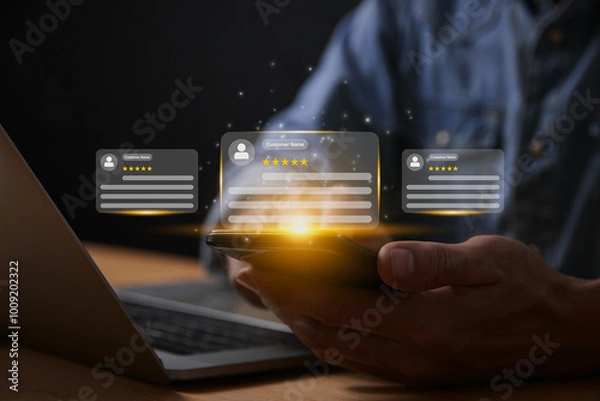 Fototapeta Yellow Customer Service or Customer Satisfaction and Support Concept. Best Quality Review Comment Rating for Product, Customer Service and Support to Show Satisfaction from User Experience