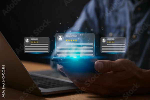 Fototapeta Blue Customer Service or Customer Satisfaction and Support Concept. Best Quality Review Comment Rating for Product, Customer Service and Support to Show Satisfaction from User Experience