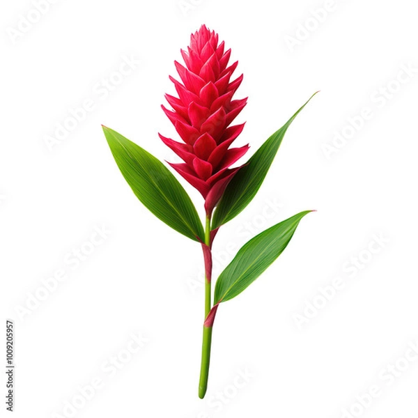Obraz Vibrant red ginger flower with green leaves isolated on white background.
