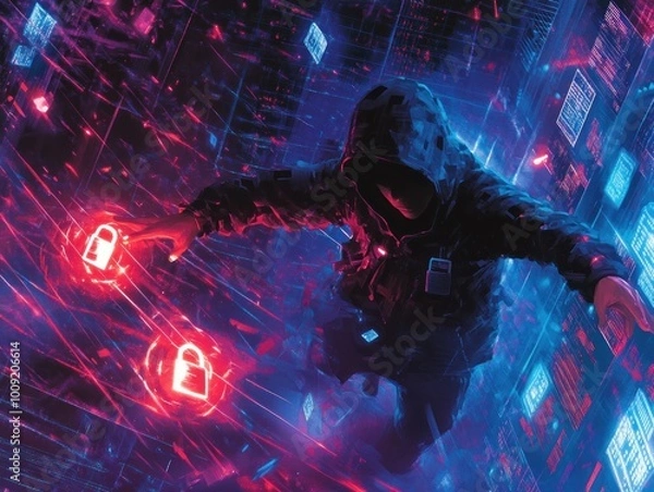 Fototapeta Futuristic digital hacker in glowing virtual reality interface. AI generated