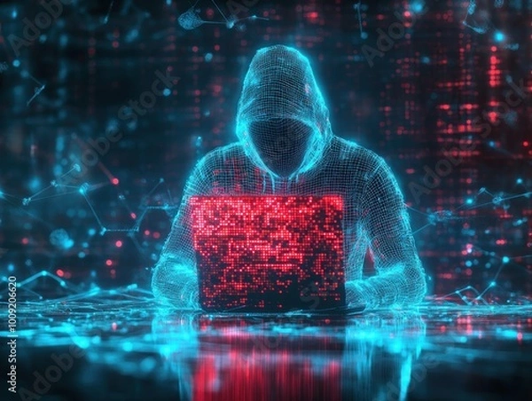 Obraz Cybercriminal hacking with laptop in futuristic digital environment
