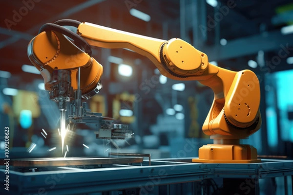 Fototapeta Industrial robot performing welding task in a modern factory