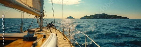 Fototapeta Sailboat Serenity, a graceful sailboat gliding across tranquil waters, distant islands softly fading into the horizon, evoking a sense of adventure.