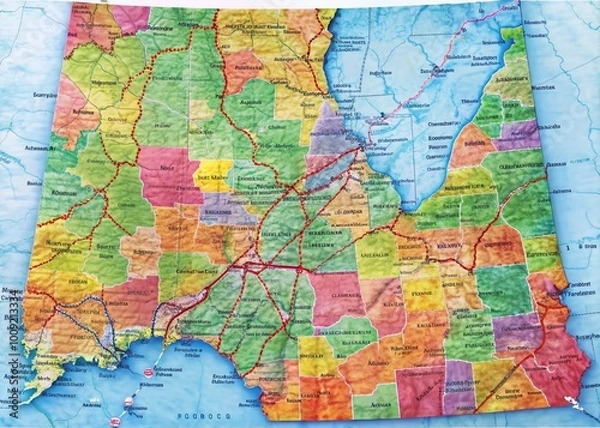 Fototapeta Detailed Map of Alabama Counties Highlighting Geographic Boundaries and Major Cities for Reference