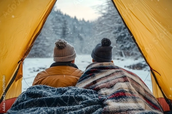 Fototapeta Couple sitting in a tent wrapped in blankets enjoying winter camping in snowy forest..