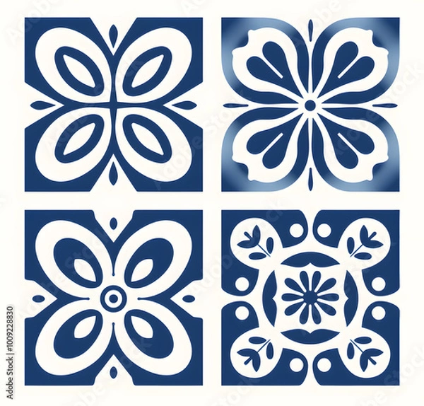 Fototapeta Blue floral tiles ornament. Traditional mosaic Portuguese azulejo motifs. Vintage Floor Tile geometric design with ornamental element
