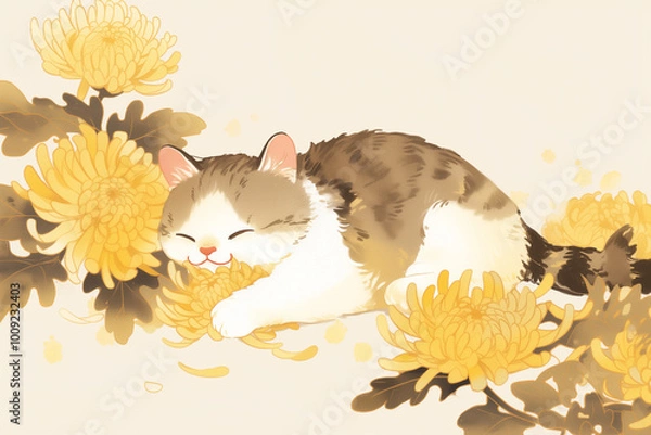 Fototapeta Adorable kitten frolicking among chrysanthemums, depicted in a light yellow and white color scheme, embodying anime charm with a joyful expression