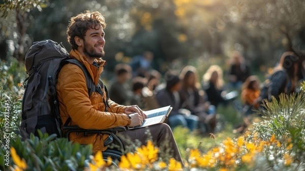 Obraz Smiling young man in a wheelchair, enjoying the outdoors during a group gathering in a sunny park.