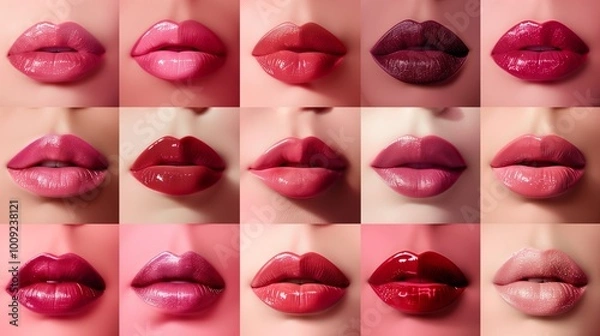 Fototapeta A grid of lips in different shades of pink, with the bottom lip slightly raised and the top lip slightly curled up. Each mouth is set against an isolated background to highlight their color and shape