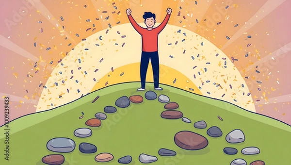 Fototapeta Illustration of a Person Celebrating Achievement at the Top of a Hill with Sunburst and Confetti