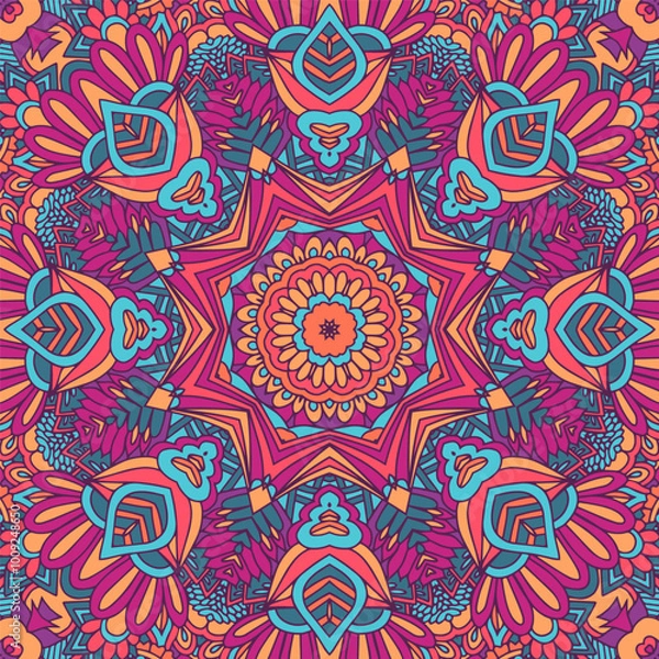 Obraz Festive seamless pattern ornamental. Ethnic geometric medallion print. Colorful repeating background texture. Mexican psychdedlic mandala pattern