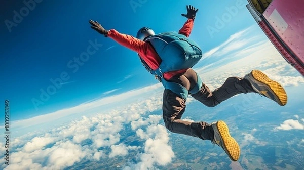 Obraz A skydiver leaping out of a plane into the sky, captured mid-air during a freefall, symbolizing adventure, adrenaline, and the thrill of extreme sports, perfect for action and outdoor photography