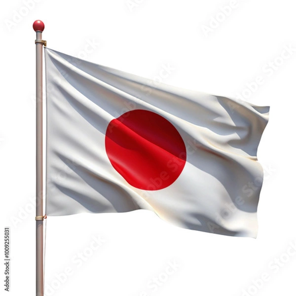 Fototapeta Japanese national flag with a simple wave effect on a clean white background, symbolizing Japan's history and culture.