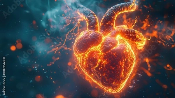 Fototapeta A fiery heart beats against a dark, smoky backdrop.