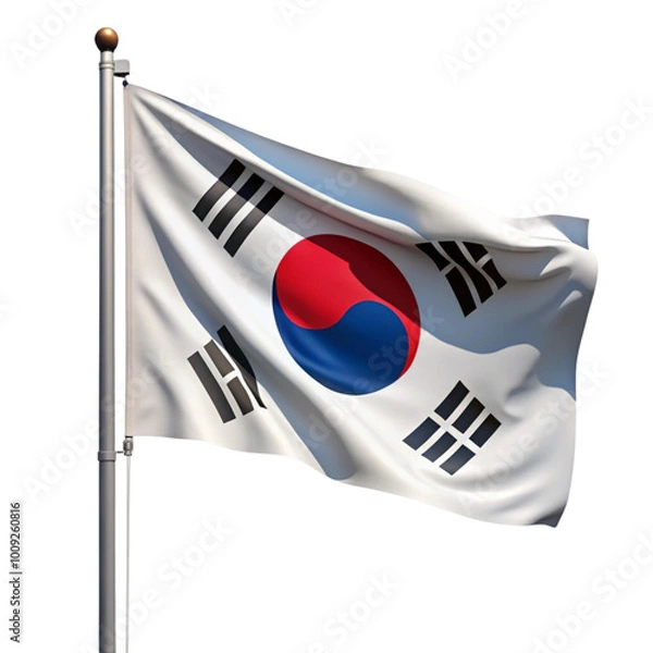 Fototapeta South Korean national flag in simple wave design over a white background representing South Korea's pride and national heritage.