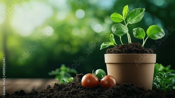 Fototapeta Freshly planted seedlings in a pot with tomatoes in the foreground.