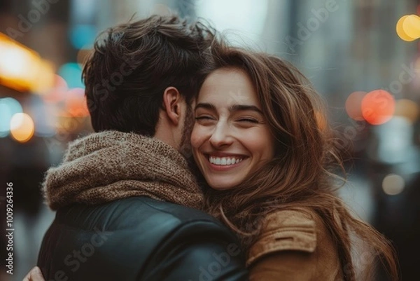 Fototapeta Affectionate couple embracing and sharing a joyous moment in the city, Generative AI