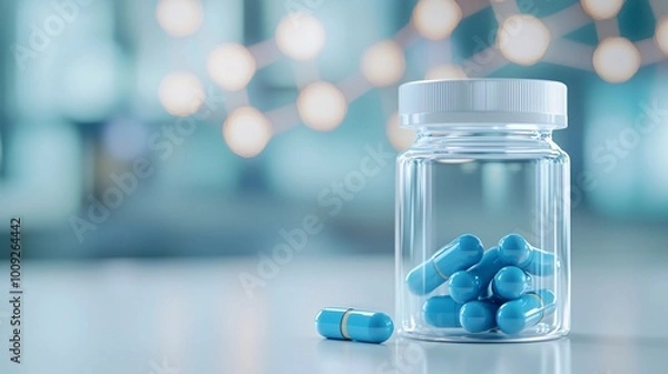 Fototapeta Futuristic Healthcare with Glowing Blue Pills - Medical Capsules in Clear Jar on Abstract Background