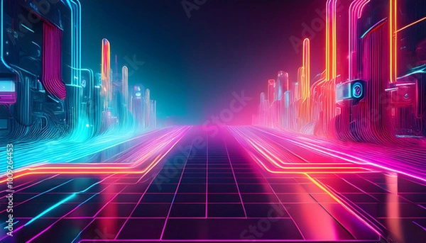 Obraz Vibrant neon light trails pass through a futuristic cityscape at night, showcasing skyscrapers and dynamic colors