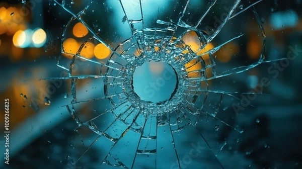 Fototapeta shattered glass window with a bullet hole set against a dark background creating a dramatic and impactful visual representation of vulnerability and strength